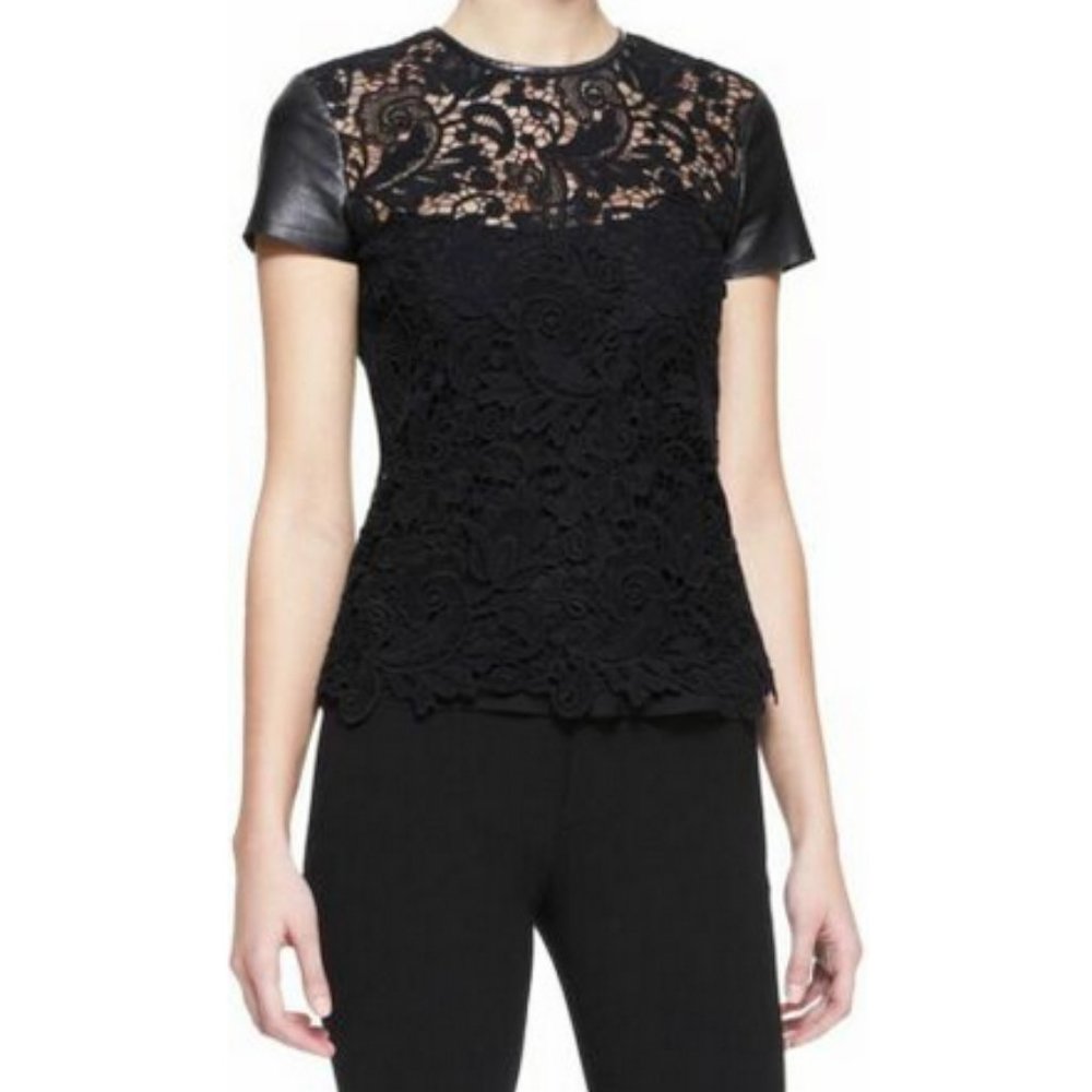 Ralph Lauren Black Label Lana Leather & Lace Short Cap Sleeve Blouse 8 Medium